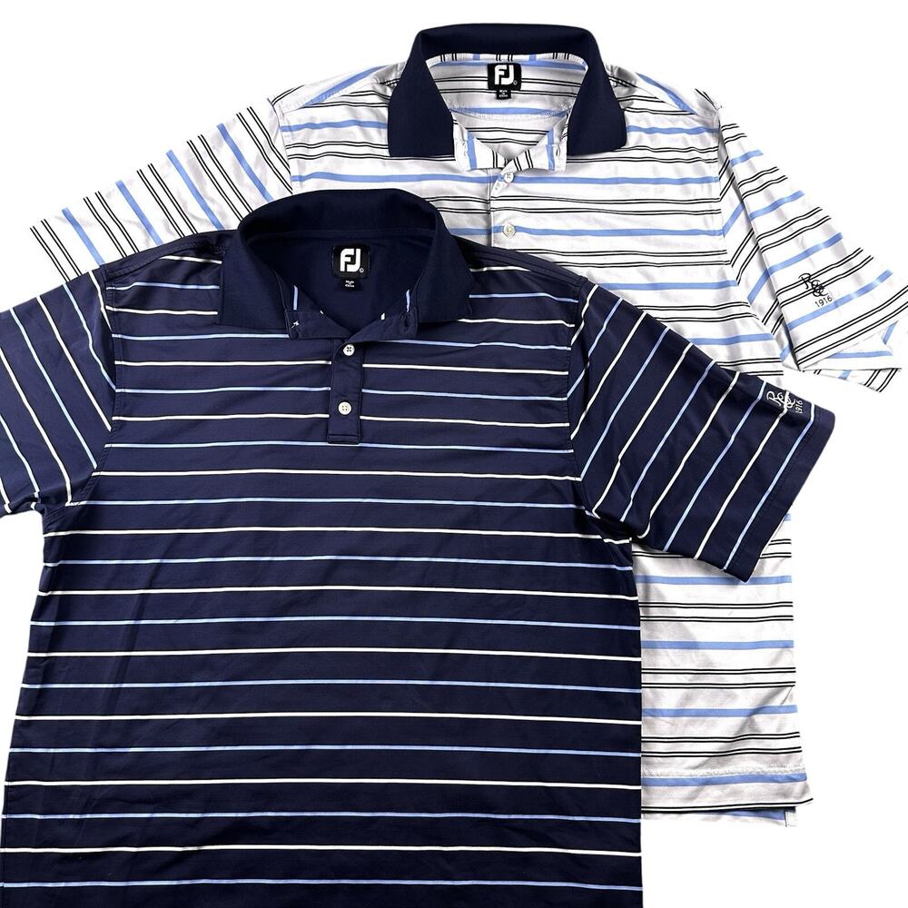 Footjoy Mens Polo Size Large (Lot Of 2) White & Blue Striped, Embroidered sleeve
